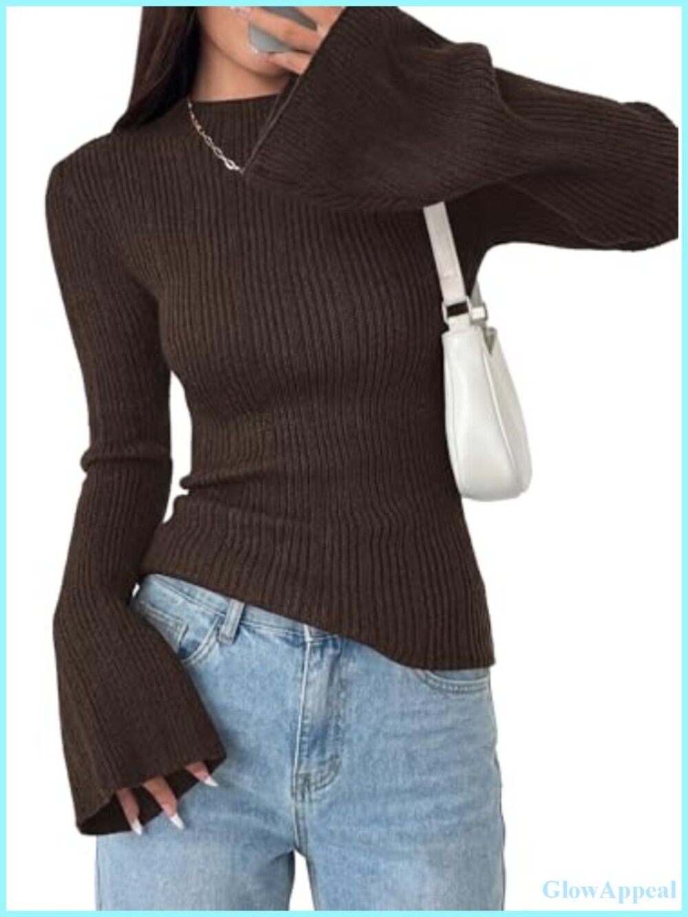 Women's Mock Neck Bell Sleeve Ribbed Knit Pullover Sweater